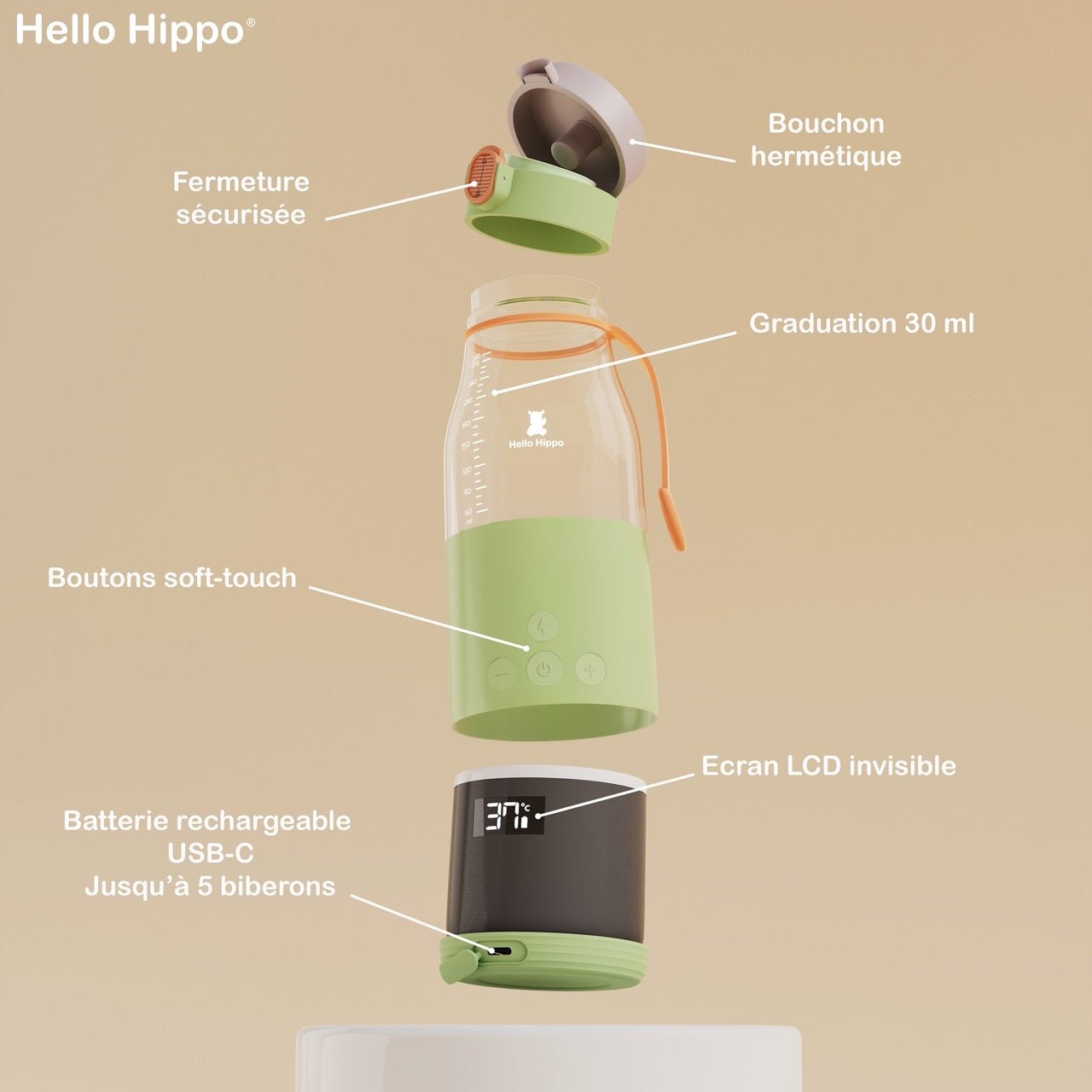 Les composants du chauffe biberon nomade Hello Hippo