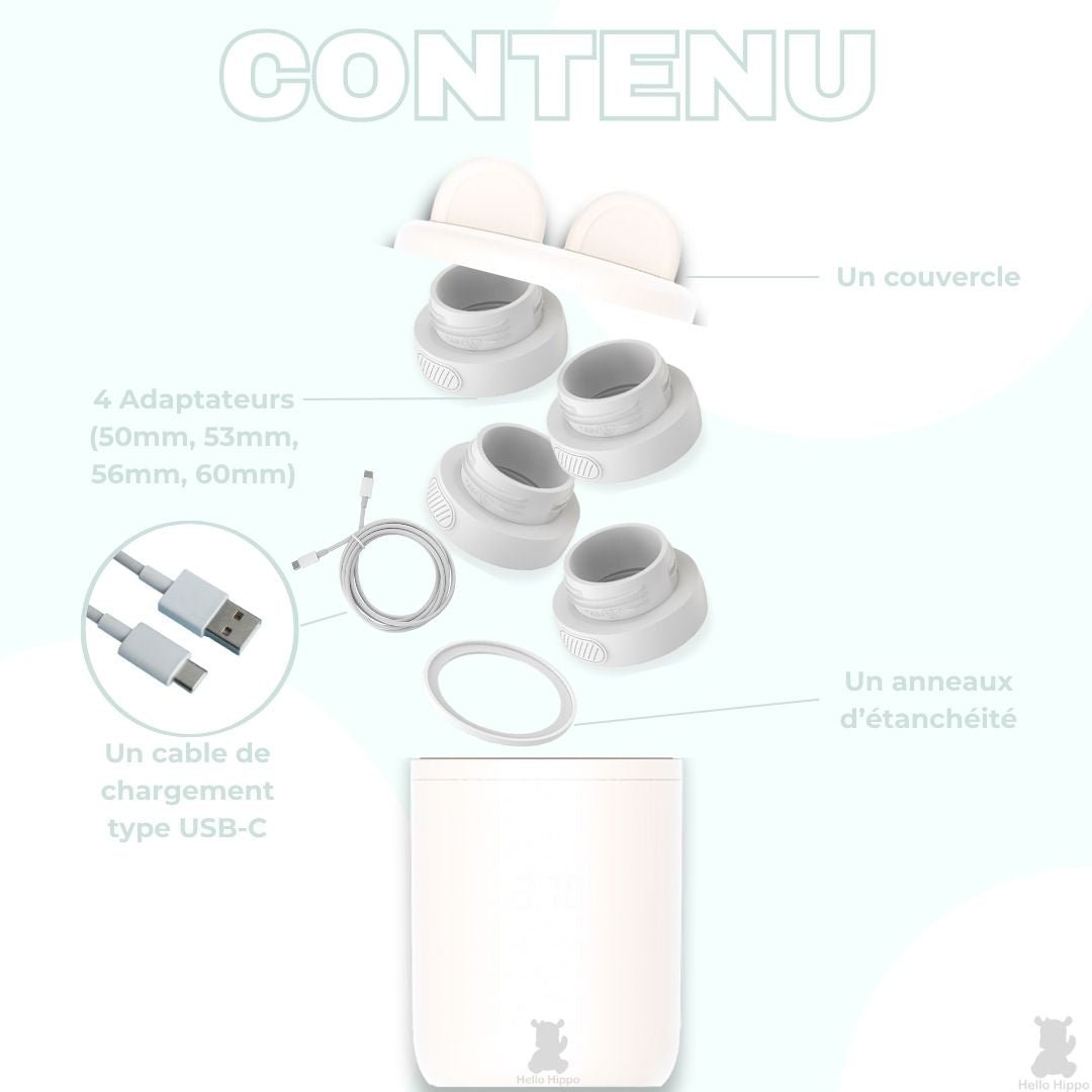 Chauffe biberon portable avec quatre adaptateurs et un cable de chargement usb-c