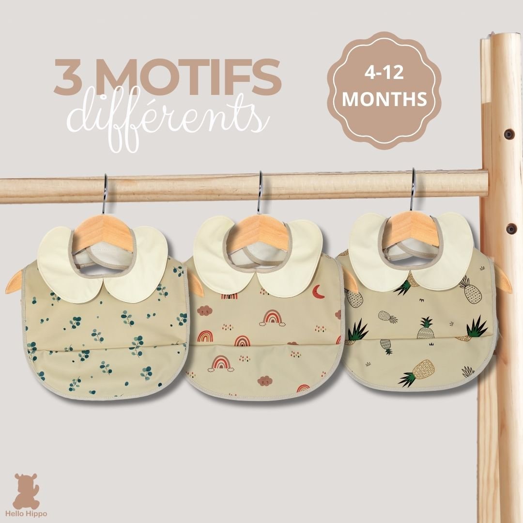 Pack de 3 Baberos Impermeables con Cuello Peter Pan y Bolsillo Recoge-Migas