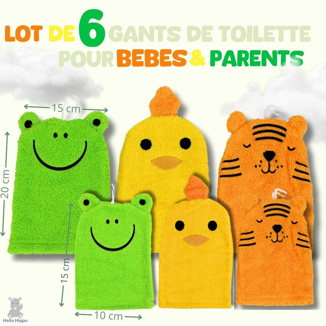 6-Pack Kids & Baby Wash Mitts (Tiger, Chick, Frog)