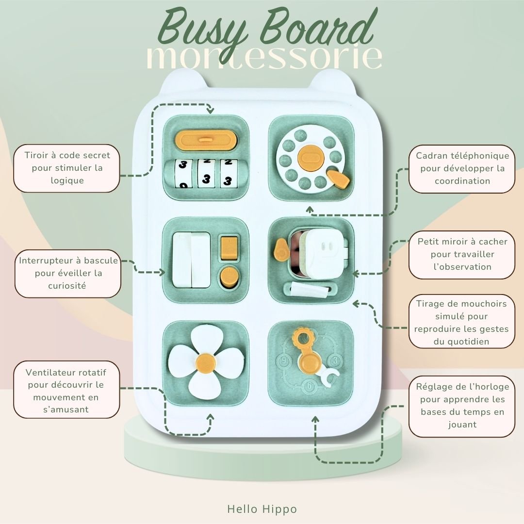 Busy Board Montessori – Jouet Éducatif Bébé 1-3 Ans pour Motricité Fine & Éveil Sensoriel