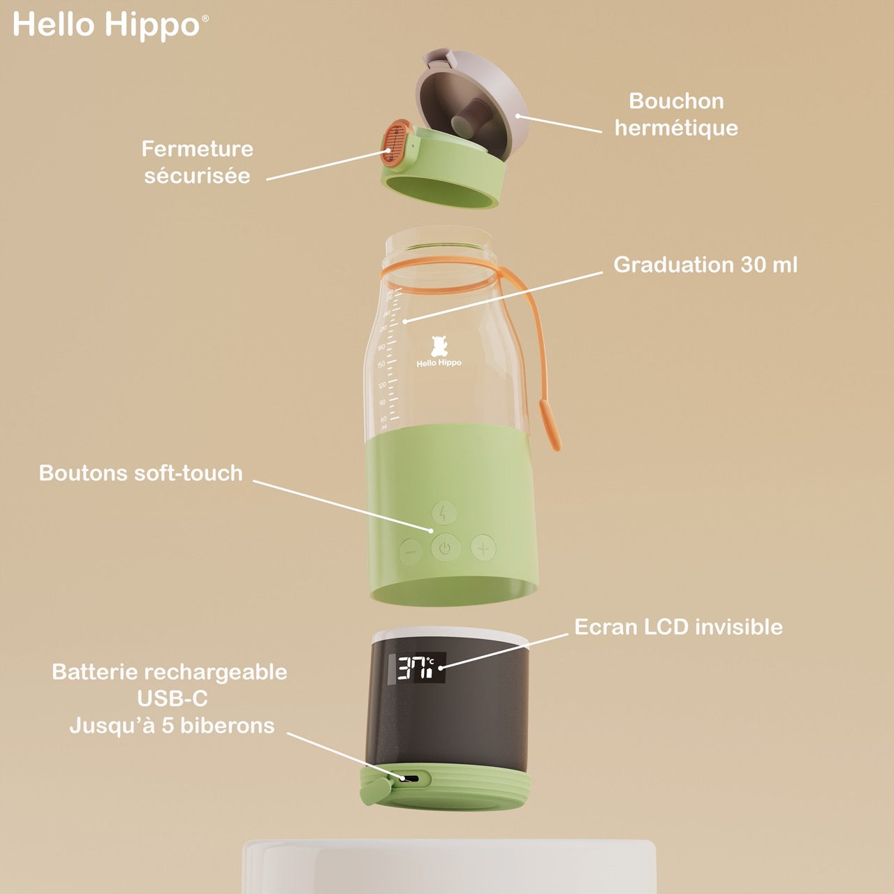 Les composants du chauffe biberon nomade Hello Hippo 