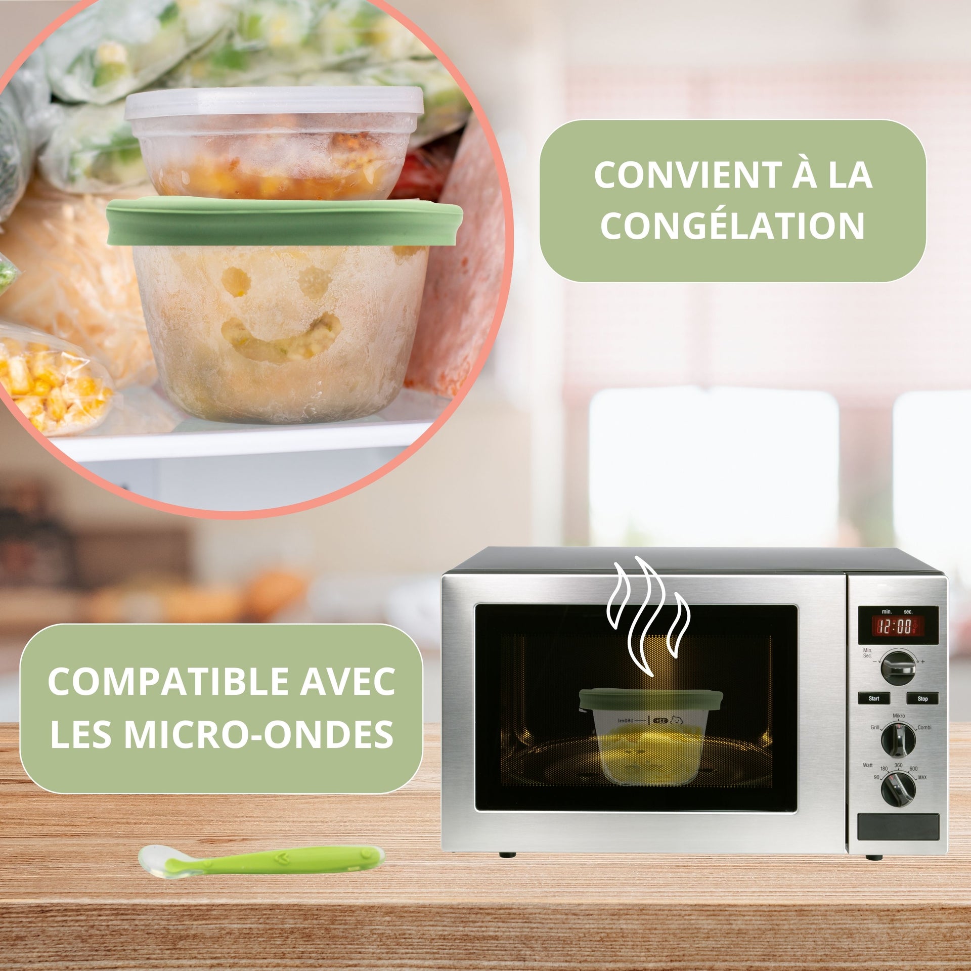 Petits pots compatible avec les micro-ondes et convient à la congélation. 